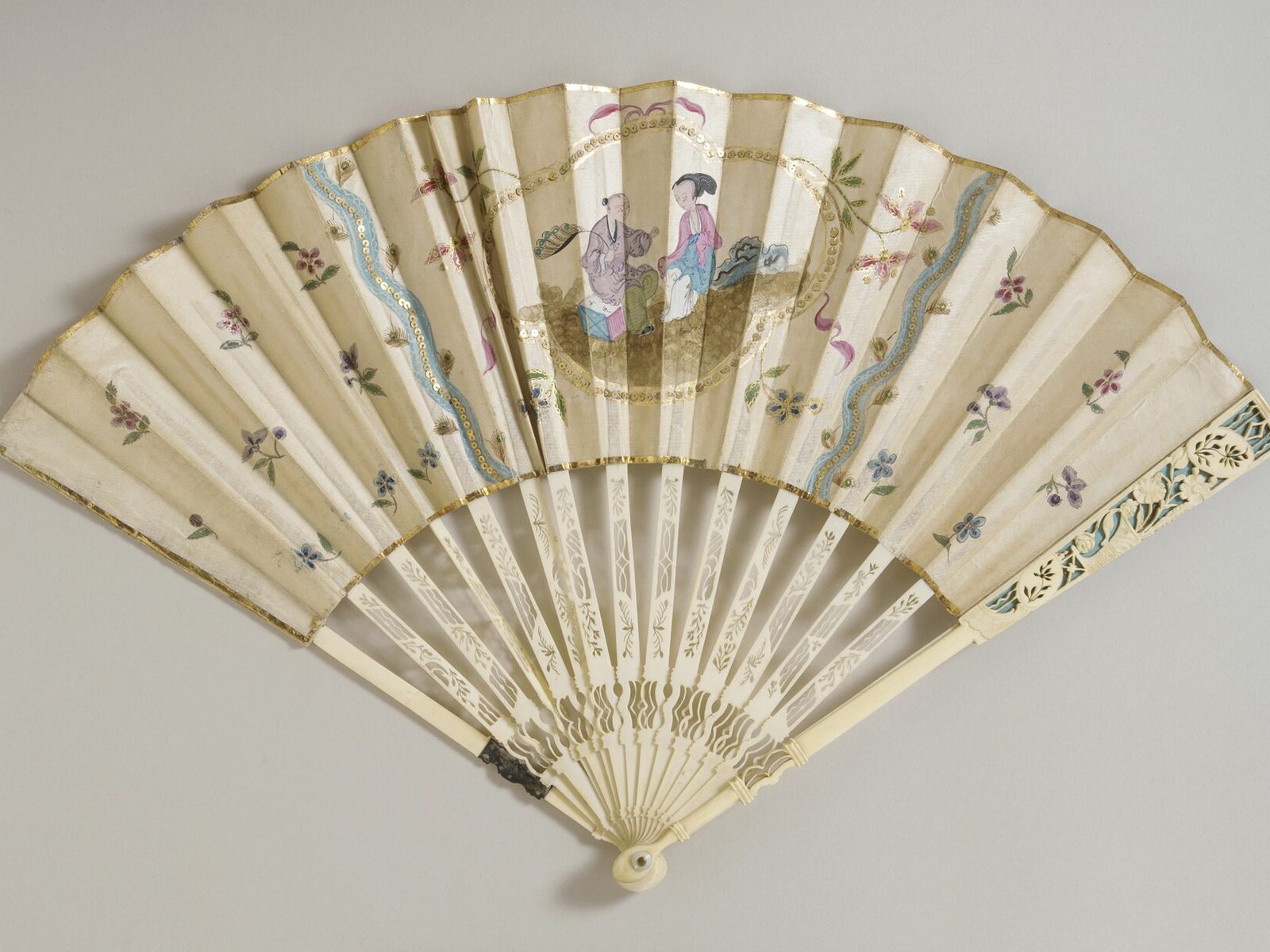 Antique Chinese painted folding fan with carved ribs (museum collection)